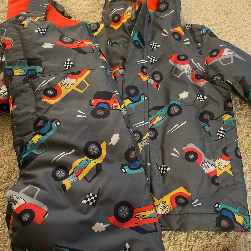 Kids' Colorful Car Print Jacket & Snowpants Set